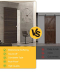 Comparison of 36 to 48 Inch Hidden Sliding Barn Door Hardware with floating wall mount next to conventional barn door setup.