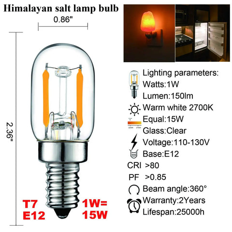E12 LED Night Light Bulbs 1W Equal 15W 150 Lumen 2700K Warm Glow For Himalayan Salt Lamps T22 T7 Base 2 Pack Energy Saving