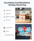 xTool M1 Ultra desktop 4-in-1 laser engraver infographic, inkjet print, laser cut, blade cut, drawing; shows cat-house project and illustrated book