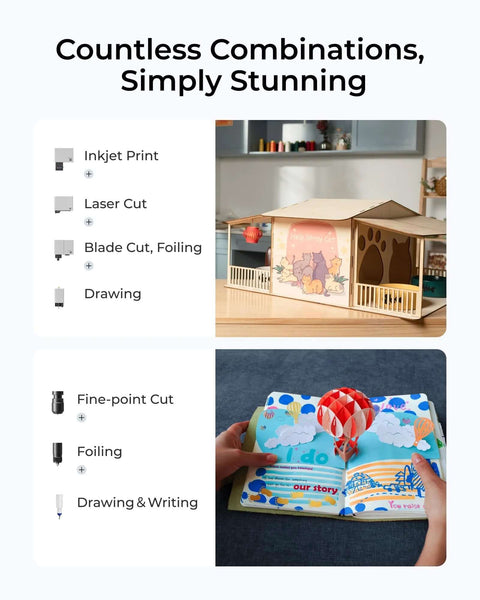 xTool M1 Ultra desktop 4-in-1 laser engraver infographic, inkjet print, laser cut, blade cut, drawing; shows cat-house project and illustrated book