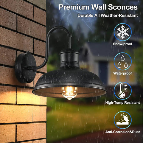 Two Pack Dusk To Dawn Outdoor Wall Sconces For Porch And Garage Exterior Gooseneck Barn Light In Matte Black shown in rain