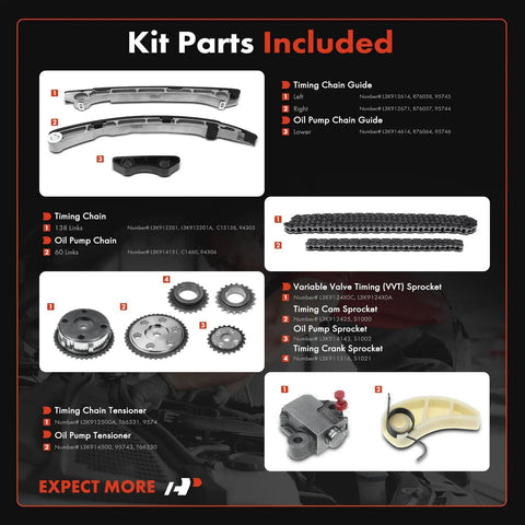 Mazda Engine Timing Chain Kit With VVT Sprocket For DOHC L4 2.3L parts layout including timing chain guides and sprockets.