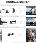 Triple Suction Cup Car Mount Kit showing customizable assembly with ball head, magic arm, and extension pole for cameras.