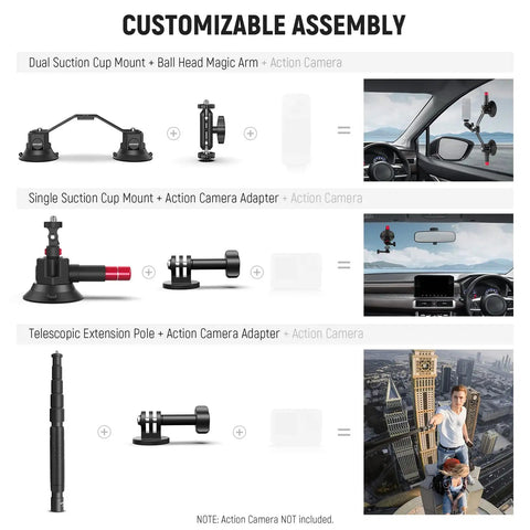 Triple Suction Cup Car Mount Kit showing customizable assembly with ball head, magic arm, and extension pole for cameras.