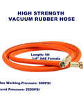 Orange vacuum rubber hose, 5 ft long, 1/4 in SAE female fitting; high-strength, 500 PSI working pressure, 2500 PSI burst
