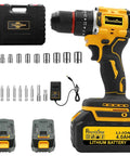 Cordless 20V Drill Kit With 2 Speed Settings, 30 Nm Torque, three eighths inch chuck, dual 3Ah batteries, and accessories