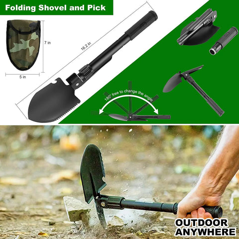 Folding shovel with pick and black handle; camo MOLLE pouch included for camping outdoor survival tool
