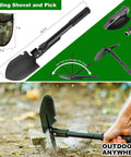 Hardcore Survival Gear Kit with MOLLE Pouch for Men and Women, featuring folding shovel and pick for outdoor adventure prep.