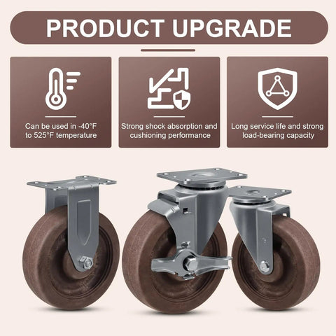 Heavy Duty 5 Inch High Temp Caster Wheels Rock Solid Heat Resistant Nylon Roller Set Of Four featuring dual wheels for stability and strong load-bearing.