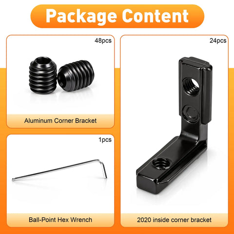 24 Piece Heavy Duty Inside L Shape Connector Kit For 2020 Aluminum Extrusion Frame Hardware showing black aluminum corner brackets and hex wrench.