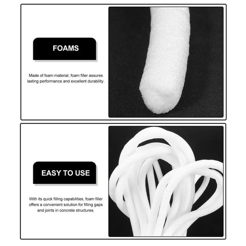 Heavy Duty Foam Caulk Saver Strip for Concrete Gaps and Wall Joints, white foam filler strips displayed on black background.