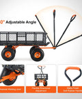 Heavy Duty Steel Garden Dump Cart That Hauls Big Loads With Eight Hundred Eighty Pound Capacity Three Point Two Cubic Feet Dump Space Removable Sides All Terrain Ten Inch Wheels Pull Handle Utility Liner Yard Wagon For Debris And Tools with 180 degree adjustable handle angle