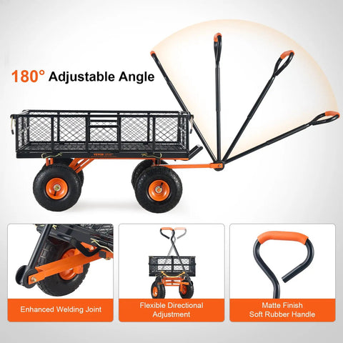 Heavy Duty Steel Garden Dump Cart That Hauls Big Loads With Eight Hundred Eighty Pound Capacity Three Point Two Cubic Feet Dump Space Removable Sides All Terrain Ten Inch Wheels Pull Handle Utility Liner Yard Wagon For Debris And Tools with 180 degree adjustable handle angle