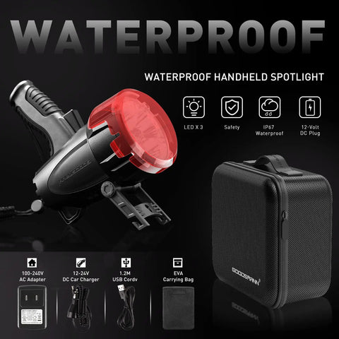 Beast Mode Rechargeable LED Spotlight Portable Handheld Searchlight 6000 Lumens with EVA Case and Red Filter Lens