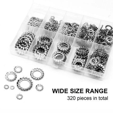 Top view of stainless steel external multi-tooth star lock washers, 320-piece eight-size set (M2.5–M12) in organizer.