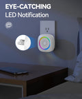 Plug In Wireless Doorbell With RGB Lighting And 1300 Ft Range For Home Office Classroom And Store IP66 Waterproof With 60 Chimes And Five Level Volume And Four And A Half Year Battery Life White, shown plugged into wall outlet with glowing LED