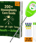 All In One Soil Moisture Meter For Plants With 25 pH Test Strips Sample Tube And 200 Plus Houseplants Guide For Indoor And Outdoor Plants No Battery Needed Water Gauge For Easy Plant Care For Busy Plant Parents displayed with green meter, pH strips, and guide book.