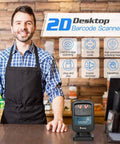 Smiling person in apron beside Hands Free 2D Barcode Scanner With Omnidirectional Scanning USB Wired Desktop Reader For 1D And 2D Codes Including PDF417 And Data Matrix Built For Retail Stores Supermarkets Malls And Business Use