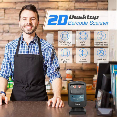Smiling person in apron beside Hands Free 2D Barcode Scanner With Omnidirectional Scanning USB Wired Desktop Reader For 1D And 2D Codes Including PDF417 And Data Matrix Built For Retail Stores Supermarkets Malls And Business Use