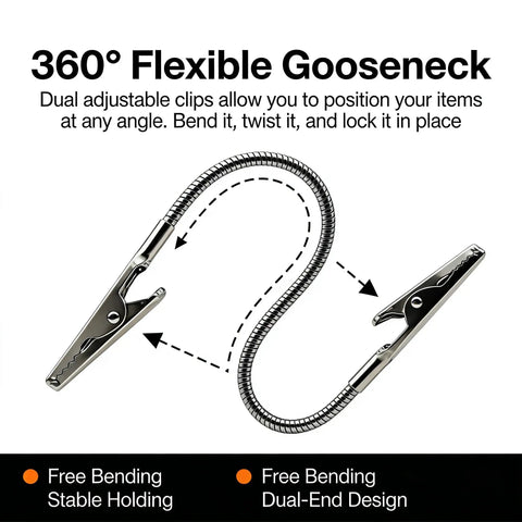 360° flexible gooseneck with dual adjustable clips demonstrating bending and holding features.