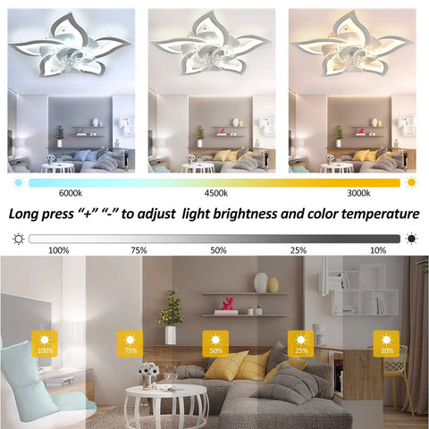 26.8 Inch Dope Flower Lamp Chandelier Ceiling Fan With Lights showing color temperature and brightness settings.