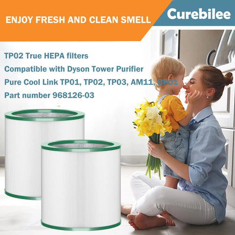 True HEPA Replacement Filter For Tower Purifier Pure Cool Link TP01 TP02 TP03 AM11 BP01 2 pack next to mother and child