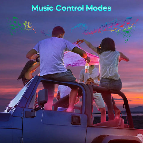 People enjoying music on a jeep with app-controlled car LED interior lights that sync to music