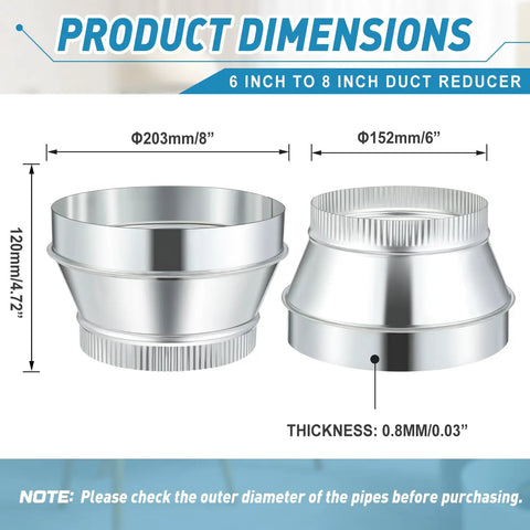 8 Inch To 6 Inch Duct Reducer Increaser Galvanized Steel Air Duct Adapter Round Crimped Pipe Connector Fitting Coupling For HVAC Ventilation Systems For Smooth Duct Transitions In Any Setup Easy Install No Fuss, 8in to 6in dimensions