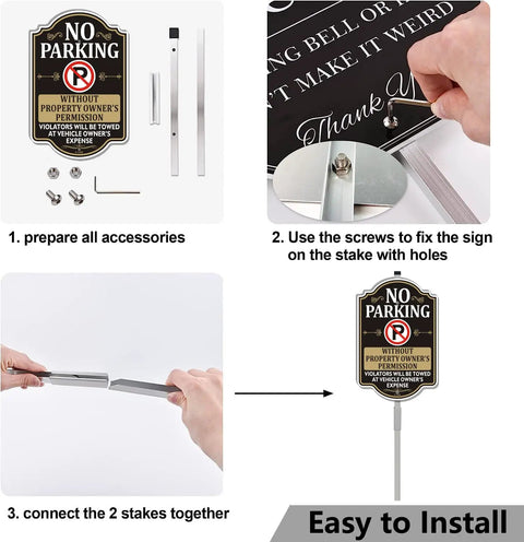 Installation steps for Private Property No Parking Sign With 35 Inch Stakes Do Not Park Or You Will Get Towed At Property Owner Expense 12 By 8 Inch High Visibility Metal Stand With Bold Lettering For Quick Attention And Tough Outdoor Use