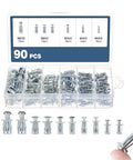 Complete Button Rivet Locking Nuts Assortment Kit Featuring M4 M5 M6 M8 Sizes With Flower Head Fasteners in a clear storage box.