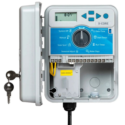 XC600 X-Core Six Zone Outdoor Sprinkler Controller With Easy Install Timer For Lawn And Garden, open with keys visible