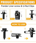 Product specifications for 30 Pcs Universal Fender Liner Screw Kit Featuring Hella Tough M6 U Nut Clips and Hex Head Push Retainer Fasteners.