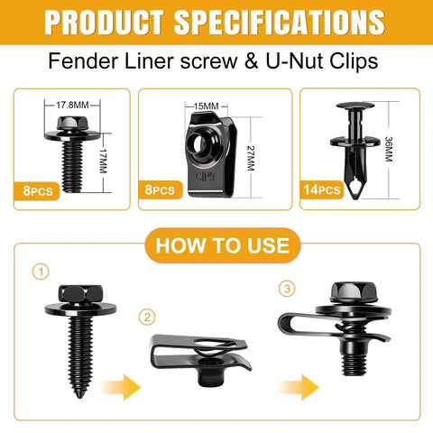 Product specifications for 30 Pcs Universal Fender Liner Screw Kit Featuring Hella Tough M6 U Nut Clips and Hex Head Push Retainer Fasteners.