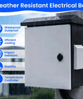 Heavy Duty Lockable Electrical Enclosure Rig, IP65 Waterproof Junction Box With Integrated Thermostat And Cooling Fan, Gray And White in rain with water droplets.
