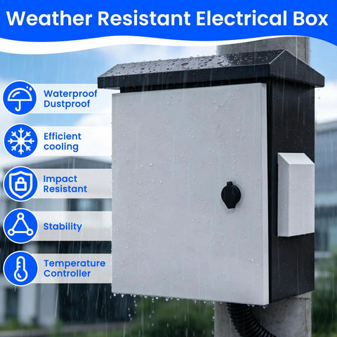 Heavy Duty Lockable Electrical Enclosure Rig, IP65 Waterproof Junction Box With Integrated Thermostat And Cooling Fan, Gray And White in rain with water droplets.