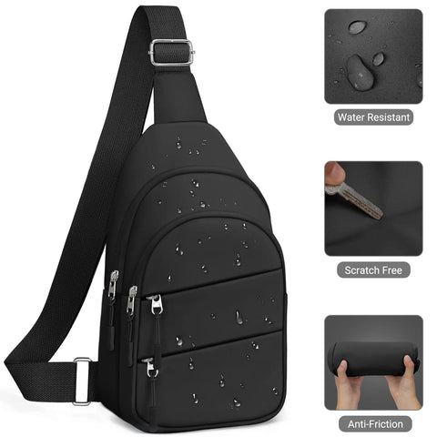 Black Crossbody Sling Bag For Men And Women, Lightweight Outdoor Travel Backpack with water-resistant and scratch-free features.