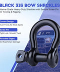 Premium 5/16 Inch Black 316 Stainless Steel Bow And Clevis Shackles D Ring Anchor Rigging Clasp For Sailboats Heavy Duty Marine Hardware Zero Rust Hassle Top Shelf Durability Two Pack close-up of black bow shackle with screw pin.