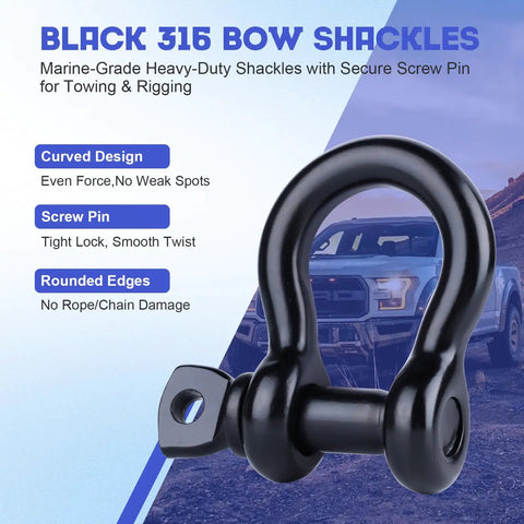 Premium 5/16 Inch Black 316 Stainless Steel Bow And Clevis Shackles D Ring Anchor Rigging Clasp For Sailboats Heavy Duty Marine Hardware Zero Rust Hassle Top Shelf Durability Two Pack close-up of black bow shackle with screw pin.