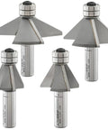 Pro Grade Four Piece Chamfer Router Bit Set With Carbide Cutters And Twin Bearings For Swift Bevels and Dead On Miter Joints at 22.5 30 45 60 Degrees