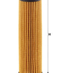 Premium Engine Oil Filter Cartridge HU 6028 Z Direct Drop In Replacement For Mercedes Benz, vertical view with dimensions