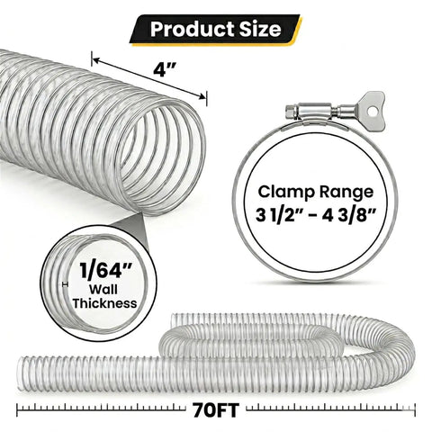 Heavy Duty Four Inch PVC Dust Collection Hose With Killer Suction Power And Reinforced Wire Spiral For Zero Drama Kink Free hookup, 70FT length.