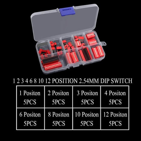 40 Piece Double Row Dip Switch Kit With 1 2 3 4 6 8 10 12 Positions, 2.54mm Pitch, PCB Mount On Off Slide Toggle Switch