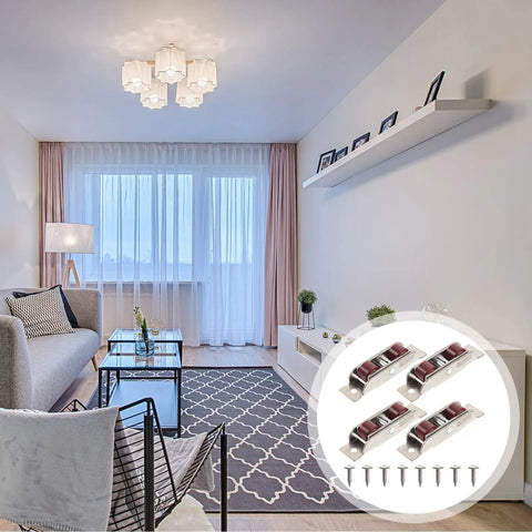 Four Piece Double Flat Wheel Sliding Window Rollers And Wardrobe Slider Pulleys Crafted From Premium Stainless Steel displayed in a modern living room.
