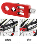 Heavy Duty Single Speed Chain Tensioner And Rear Derailleur Adjuster For Mountain Bikes and Road Cycles in red aluminum, before and after installation