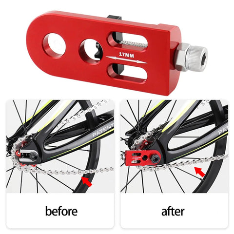 Heavy Duty Single Speed Chain Tensioner And Rear Derailleur Adjuster For Mountain Bikes and Road Cycles in red aluminum, before and after installation