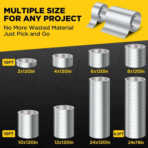Multiple sizes of Diamond Tread Aluminum Sheet Metal 120 By 6 Inches Wide DIY Friendly Easy Cut Easy Drill Plate displayed in rolls.