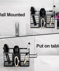 3 In 1 Metal Hair Tool Organizer Wall Mounted Holder For Hair Dryer, Flat Iron, Curling Iron, Straightener And Styling Tools, Bathroom Storage Solution In A Sleek Black Finish, shown mounted on wall and placed on table.