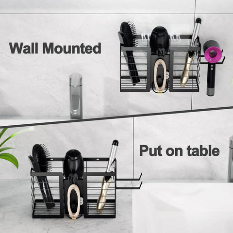 3 In 1 Metal Hair Tool Organizer Wall Mounted Holder For Hair Dryer, Flat Iron, Curling Iron, Straightener And Styling Tools, Bathroom Storage Solution In A Sleek Black Finish, shown mounted on wall and placed on table.