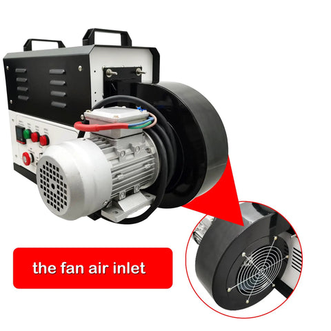Heavy Duty Industrial Heat Blower Built Tough To Crush Daily Drying Jobs Featuring Three Hundred Cfm Airflow Punch Plus Pid Temperature Control On Standard Two Twenty Hookup, showing fan air inlet design.