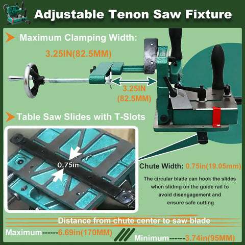 Rock Solid Adjustable Woodworking Tenoning Jig And Table Saw Guide With Zero To 45 Degree Precision Angles showing clamping width and chute details.